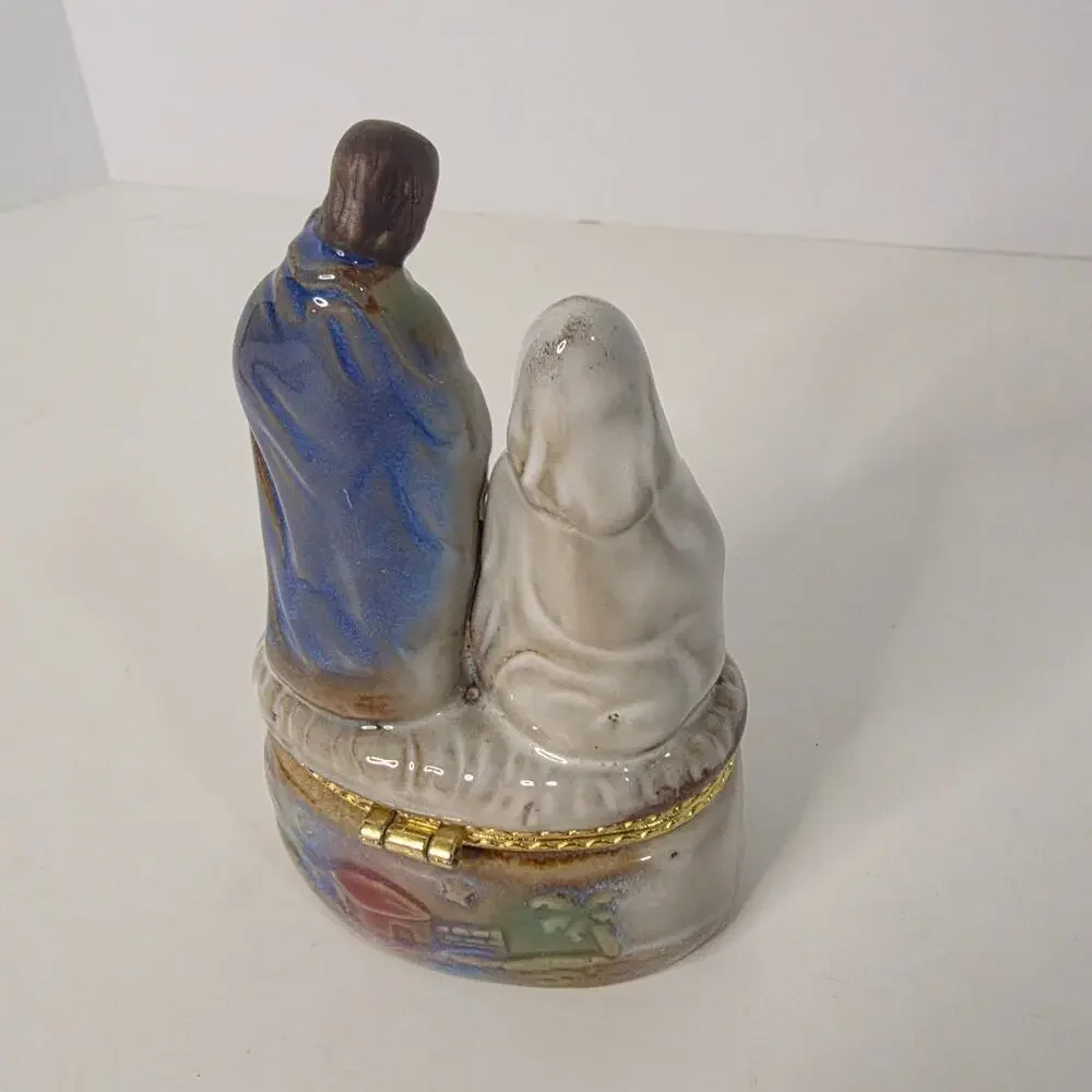Vintage Porcelain Nativity Holy Family Hinged Trinket Box Mary Joseph Baby Jesus